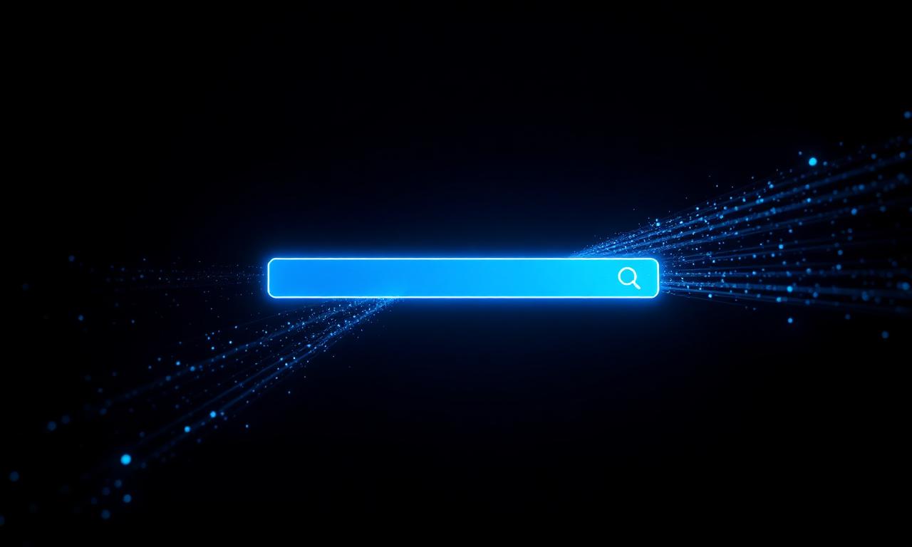 A glowing search bar with streams of light flowing toward it from many sources, representing AI answer engines pulling citations