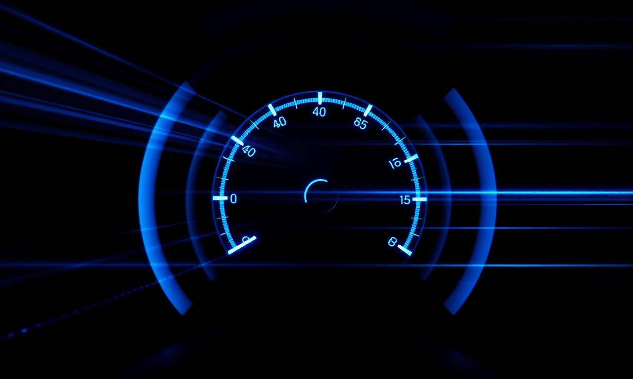 A glowing blue speed gauge with light streaks, representing site performance and Core Web Vitals