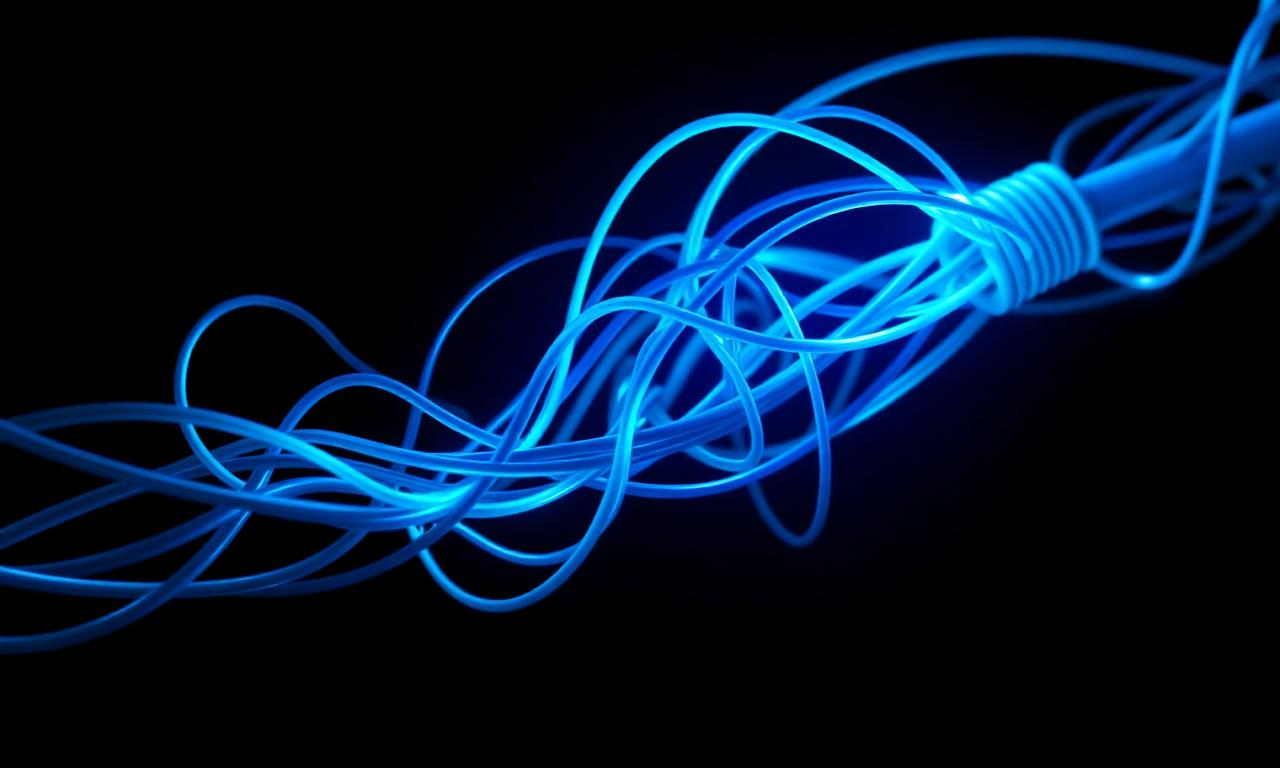Tangled glowing cables converging into a single clean cable, representing CRM consolidation and migration