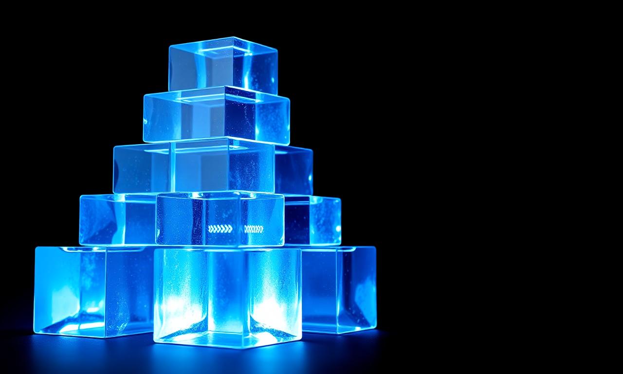 Translucent crystal blocks stacked into a glowing blue foundation, representing the data foundations that AI relies on