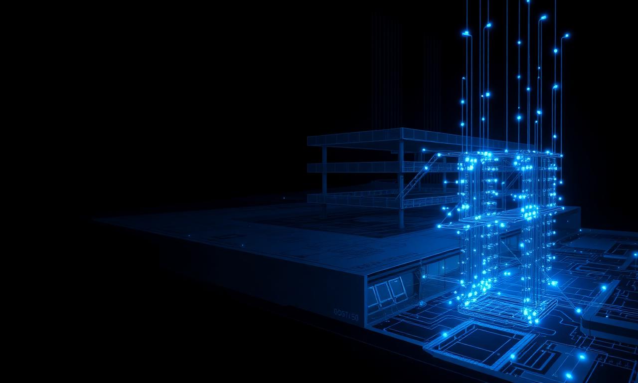 Glowing data infrastructure rising from a building's foundation, representing how integrated systems form the base of digital operations